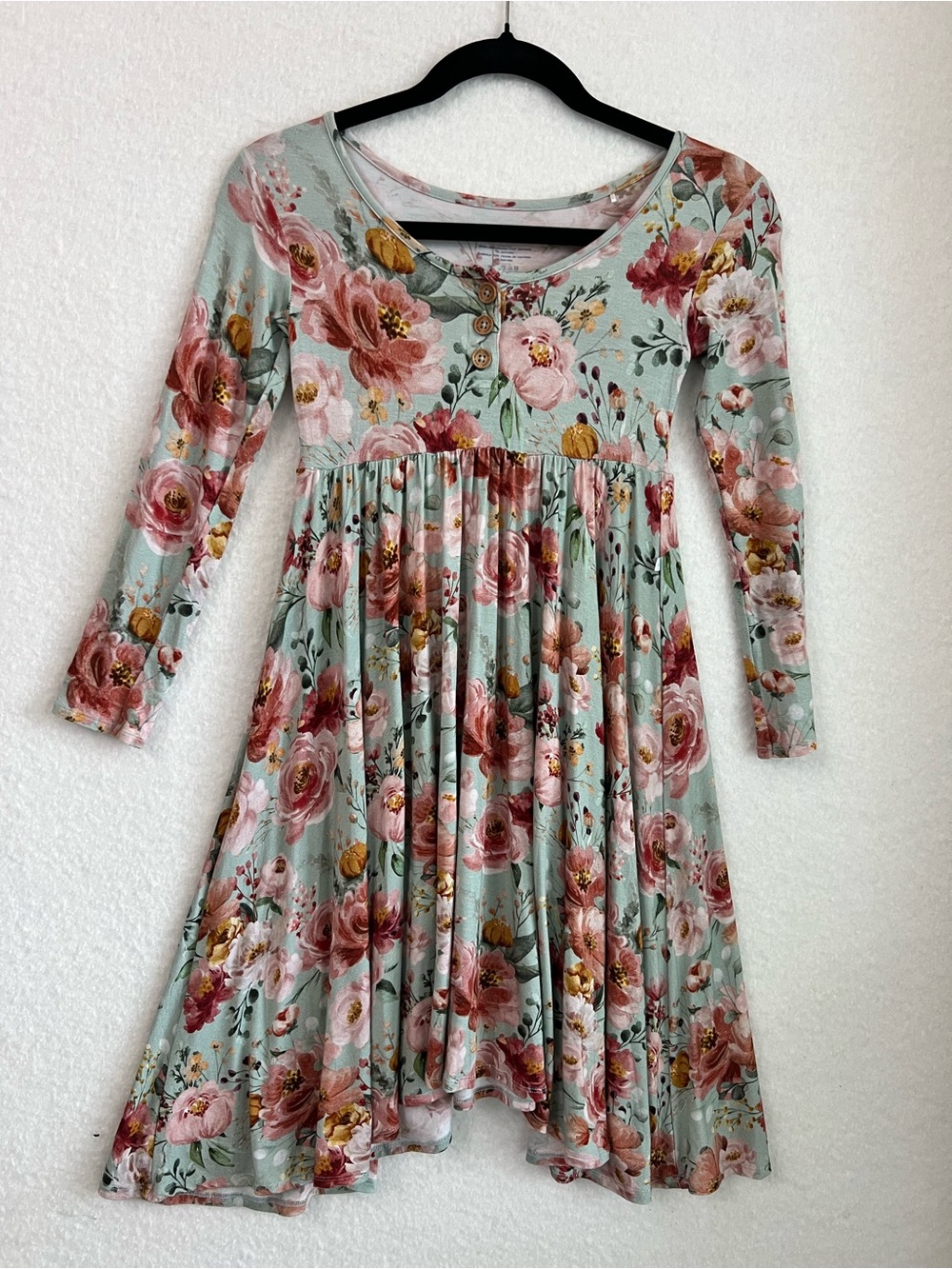 Posh Peanut Floral Long-Sleeve Kids Dress in Mint & Rose